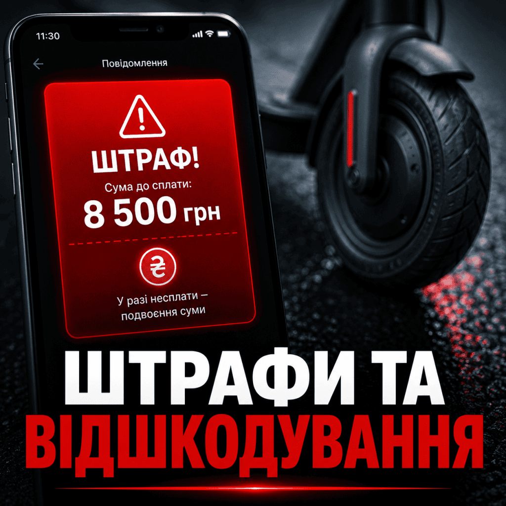 Екран мобільного телефону із червоним сповіщенням про штраф на тлі колеса електросамоката на асфальті. Напис: Штрафи та відшкодування.