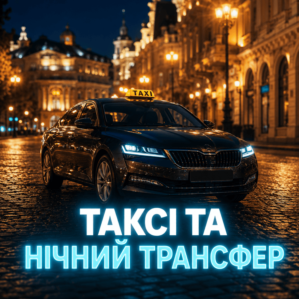Автомобіль на вечірній освітленій вулиці Одеси з великим текстовим блоком про замовлення таксі та трансферу вночі.