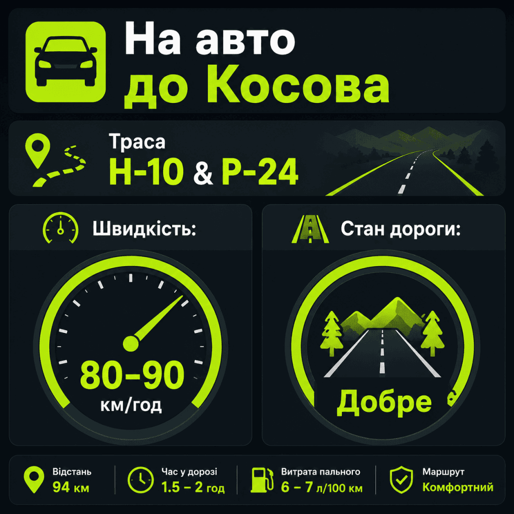 Автомобільна інфографіка маршруту Івано-Франківськ — Косів із характеристиками трас H-10 та P-24, середньою швидкістю та оцінкою покриття.