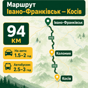 Інфографіка автомобільного та автобусного маршруту Івано-Франківськ — Косів із зазначенням відстані у кілометрах та часу в дорозі.