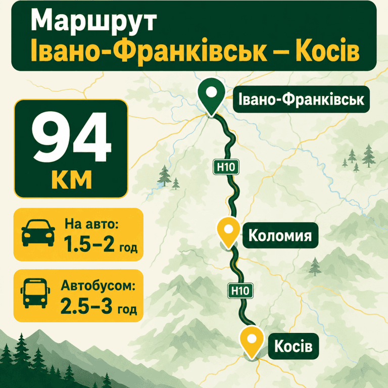 Інфографіка автомобільного та автобусного маршруту Івано-Франківськ — Косів із зазначенням відстані у кілометрах та часу в дорозі.