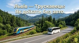 Основне зображення про способи доїзду зі Львова до Трускавця: поїзд та автобус на фоні гір.