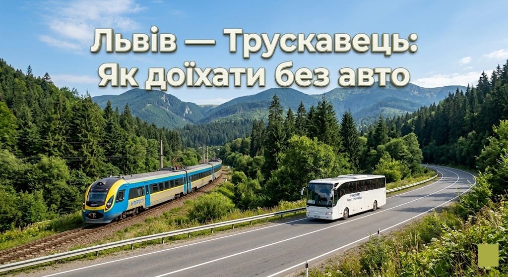 Основне зображення про способи доїзду зі Львова до Трускавця: поїзд та автобус на фоні гір.