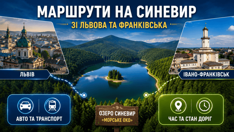 Фотоколаж-інфографіка: маршрути до озера Синевир зі Львова та Івано-Франківська на авто та громадському транспорті.
