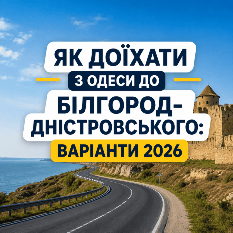 Графічний банер про варіанти доїзду з Одеси до Білгород-Дністровського у 2026 році із зображенням дороги та фортеці.