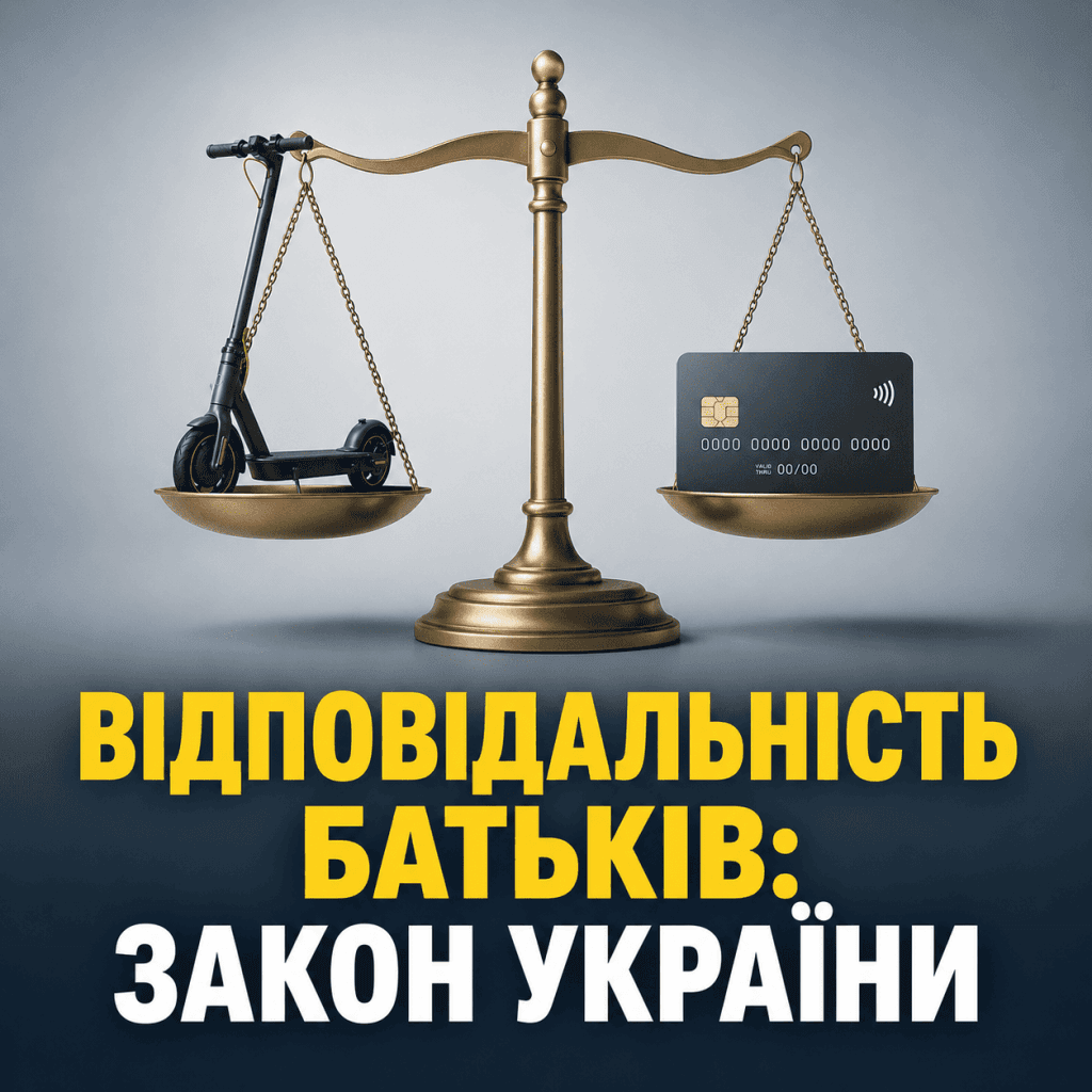 Стилізовані ваги правосуддя, на шальках яких лежать силует електросамоката та банківська картка. Напис: Відповідальність батьків: Закон України.