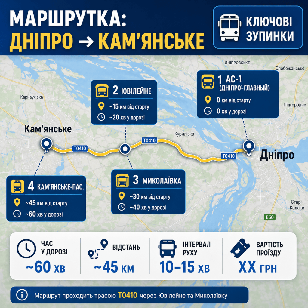 Інфографіка-карта, що деталізує шлях маршрутки (жовта лінія) між містами. Жирний текст: «МАРШРУТКА: ДНІПРО -> КАМ'ЯНСЬКЕ» та «КЛЮЧОВІ ЗУПИНКИ» (АС-1, ЮВІЛЕЙНЕ, МИКОЛАЇВКА...).