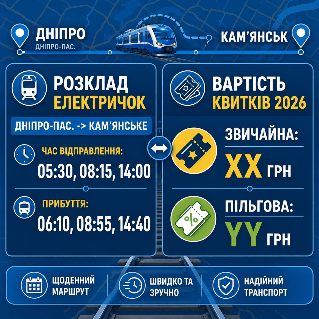 Деталізована інфографіка, що фокусується на залізничному сполученні. Зліва — колонка з жирним текстом «РОЗКЛАД ЕЛЕКТРИЧОК», що показує час відправлення (05:30, 08:15...). Справа — колонка «ВАРТІСТЬ КВИТКІВ 2026» із цінами (XX ГРН).