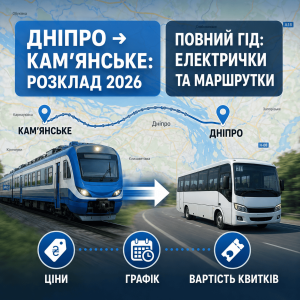 Сучасна інфографіка-карта, що показує транспортне сполучення (електрички та маршрутки) між Дніпром та Кам'янським у 2026 році. На карті розміщено жирний текст: «ДНІПРО → КАМ'ЯНСЬКЕ: РОЗКЛАД 2026» та «ЕЛЕКТРИЧКИ ТА МАРШРУТКИ».