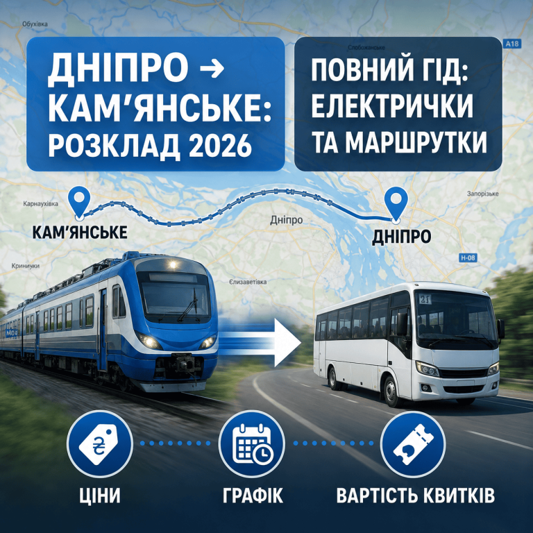 Сучасна інфографіка-карта, що показує транспортне сполучення (електрички та маршрутки) між Дніпром та Кам'янським у 2026 році. На карті розміщено жирний текст: «ДНІПРО → КАМ'ЯНСЬКЕ: РОЗКЛАД 2026» та «ЕЛЕКТРИЧКИ ТА МАРШРУТКИ».