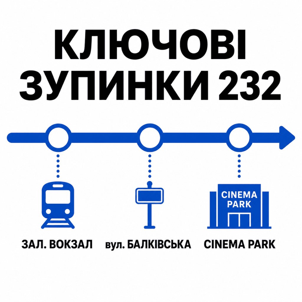 Схематичне зображення ключових зупинок 232 маршрутки в Одесі: Залізничний вокзал, вулиця Балківська та кінотеатр Cinema Park.