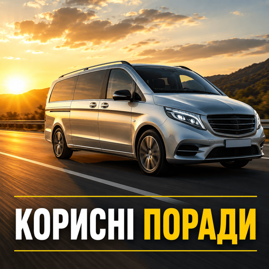Комфортабельний мінівен сріблястого кольору під час руху по дорозі до пункту пропуску Краківець із написом "Корисні Поради".