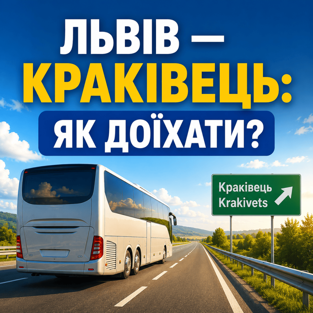 Обкладинка статті зі зручним пасажирським автобусом на міжміській трасі та великим написом "Львів — Краківець: Як доїхати?".