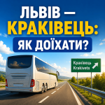 Обкладинка статті зі зручним пасажирським автобусом на міжміській трасі та великим написом "Львів — Краківець: Як доїхати?".