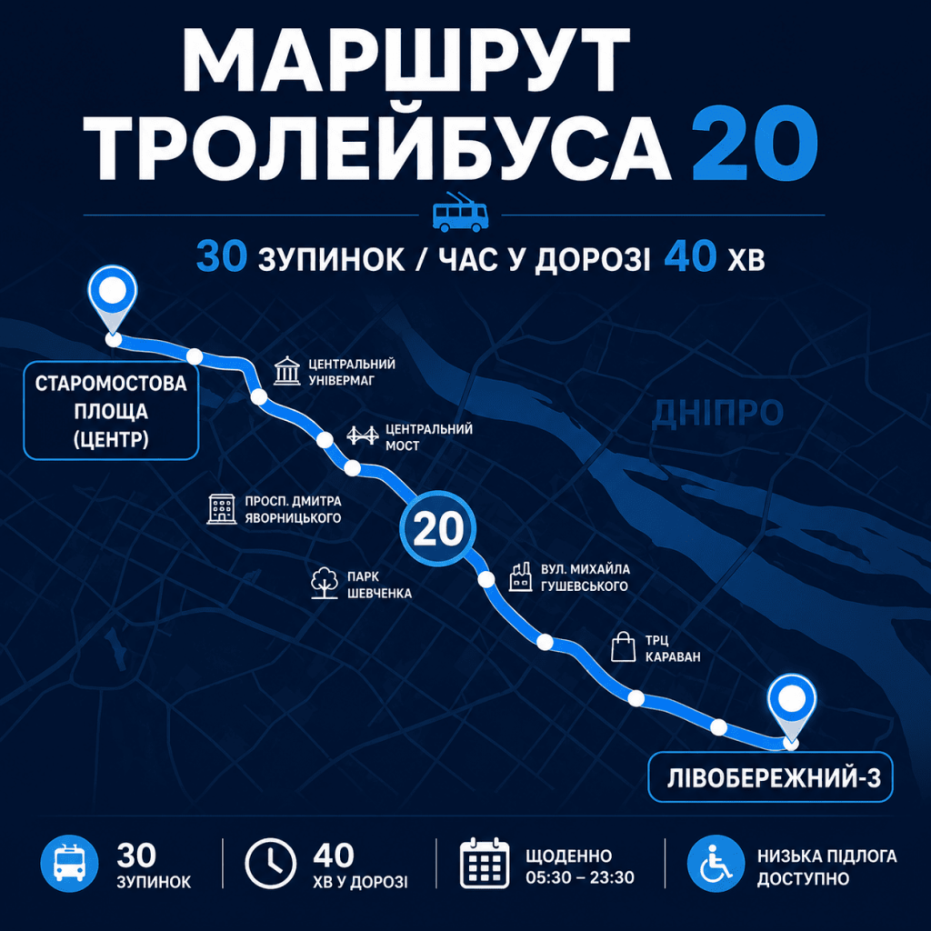 Стилізована інфографічна схема маршруту 20 тролейбуса у Дніпрі, що з'єднує Старомостову площу та житловий масив Лівобережний-3.