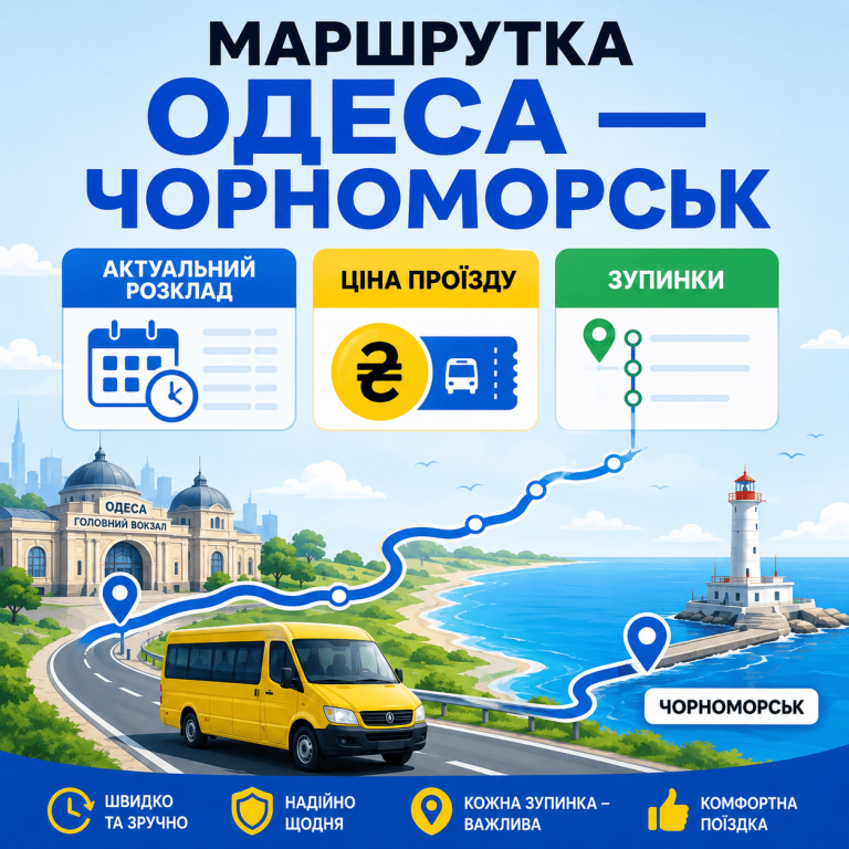 Стилізована інфографіка маршруту Одеса — Чорноморськ із зазначенням розкладу, ціни та зупинок. Маршрутний автобус біля моря та Одеського вокзалу.