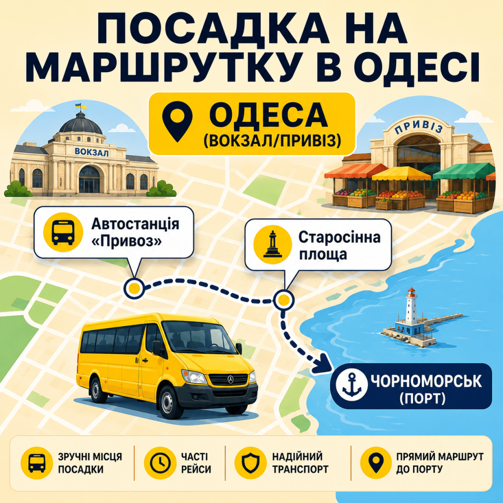 Схема посадки на маршрутки Одеса — Чорноморськ в Одесі біля вокзалу та ринку Привіз, з іконками локацій.