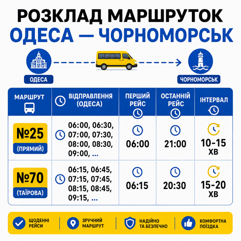 Детальна таблиця-інфографіка розкладу маршруток №25 та №70 між Одесою та Чорноморськом, що показує перший рейс, останній рейс та інтервал.