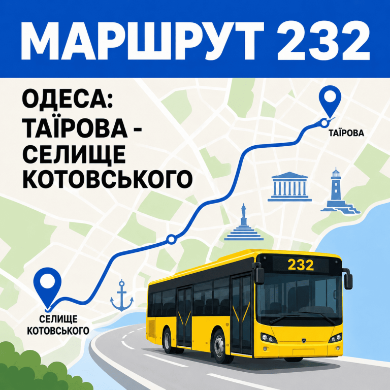 Сучасна векторна ілюстрація схеми руху 232 маршрутки в Одесі, що з'єднує Таїрова та Селище Котовського.