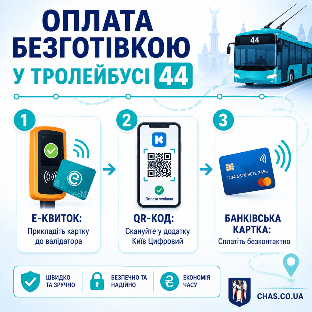Інструкція з безготівкової оплати проїзду в тролейбусі №44 Київ. Візуалізовано три прості кроки: прикладання Е-квитка до валідатора, сканування QR-коду через додаток Київ Цифровий та безконтактна оплата банківською карткою.