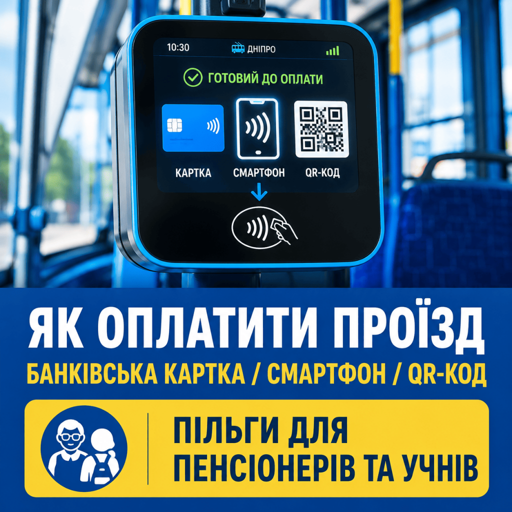 Інфографіка способів оплати проїзду в 20 тролейбусі Дніпра: картка, телефон та QR-код. Напис "Як оплатити проїзд" та інформація про пільги для пенсіонерів і учнів.