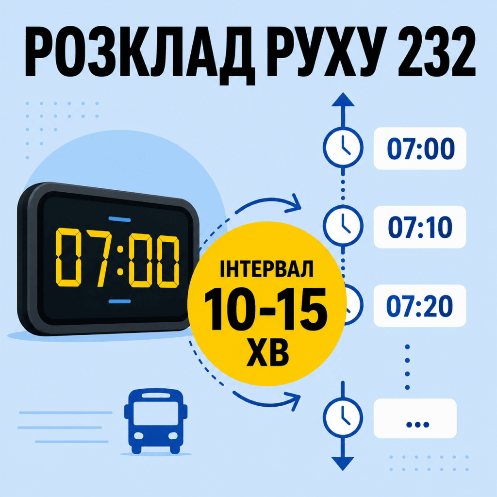 Інфографіка, що показує розклад руху 232 маршрутки в Одесі з типовим інтервалом 10-15 хвилин.