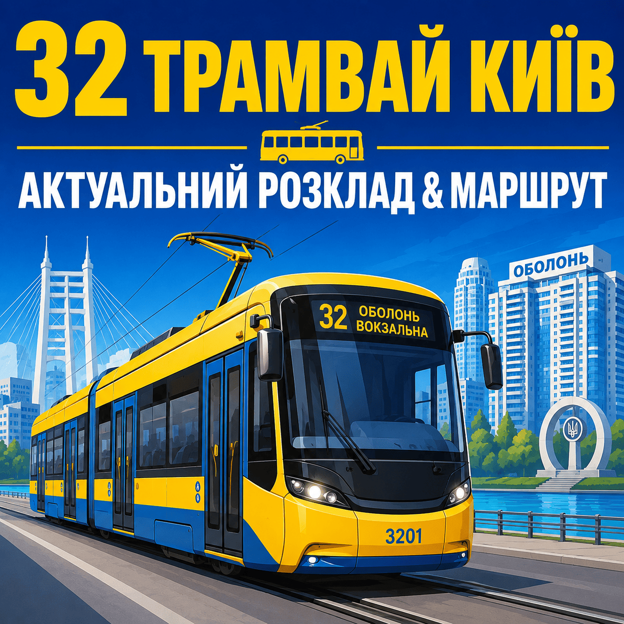 Графічне зображення синьо-жовтого київського трамвая маршруту №32 з великим українським текстом на передньому плані: «32 ТРАМВАЙ КИЇВ. АКТУАЛЬНИЙ РОЗКЛАД & МАРШРУТ».
