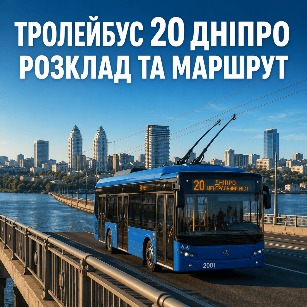 Синій тролейбус маршруту 20 їде Центральним мостом у Дніпрі на тлі річки та міста; зверху великий напис "Тролейбус 20 Дніпро: Розклад та маршрут".