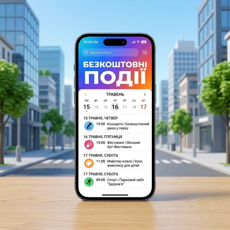 Смартфон із відкритим яскравим додатком-календарем на фоні сучасного силуету міста. На екрані великими літерами написано «БЕЗКОШТОВНІ ПОДІЇ». Зображення у форматі 1:1, без людей.