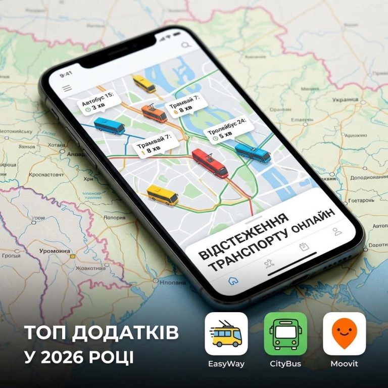 Смартфон із відкритим додатком для відстеження громадського транспорту в Україні, що відображає карту з рухомими іконками та часом прибуття.