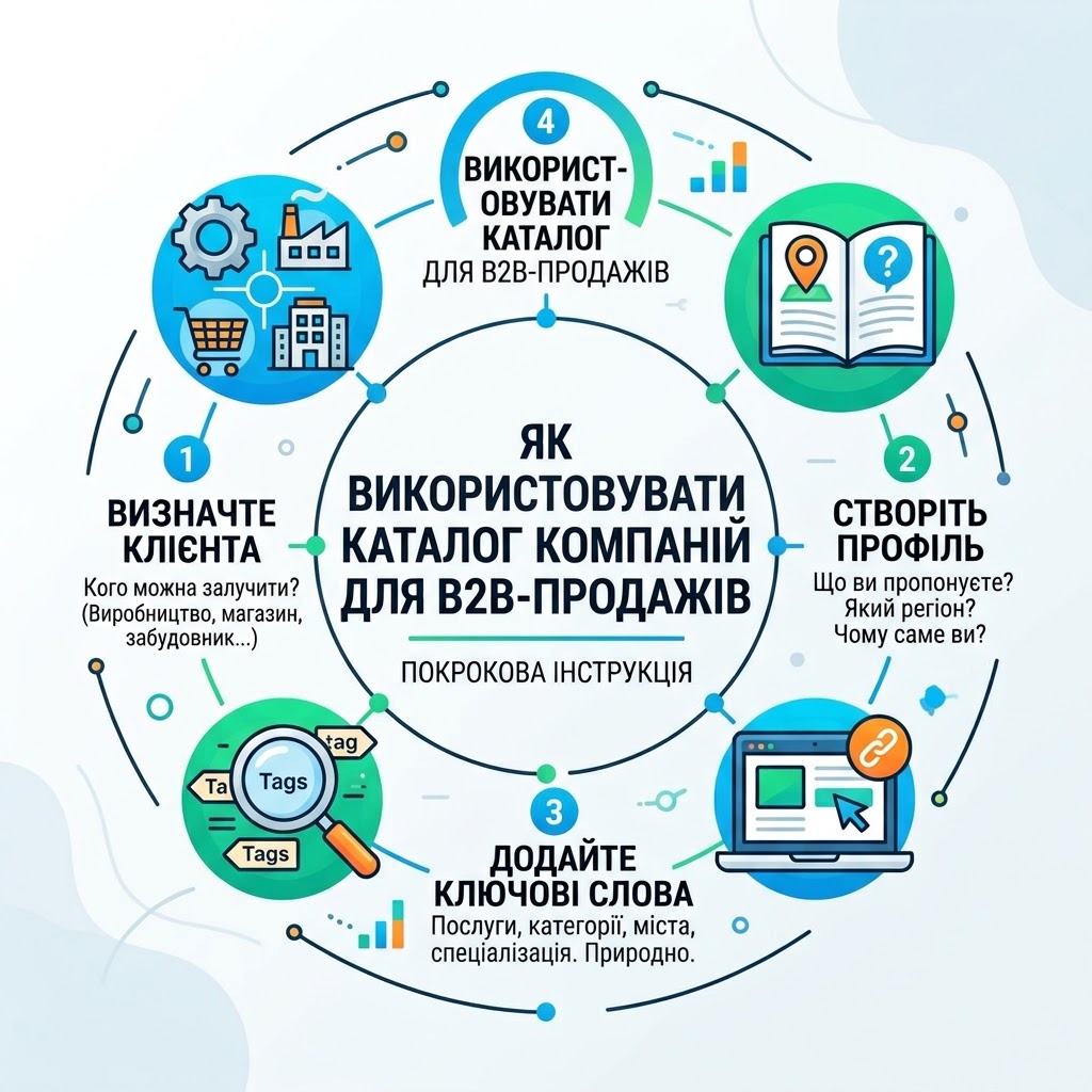 Квадратна інфографіка, що ілюструє 4 кроки використання каталогу компаній для B2B-продажів: визначення клієнта, створення профілю, додавання ключових слів та переведення трафіку на сайт.