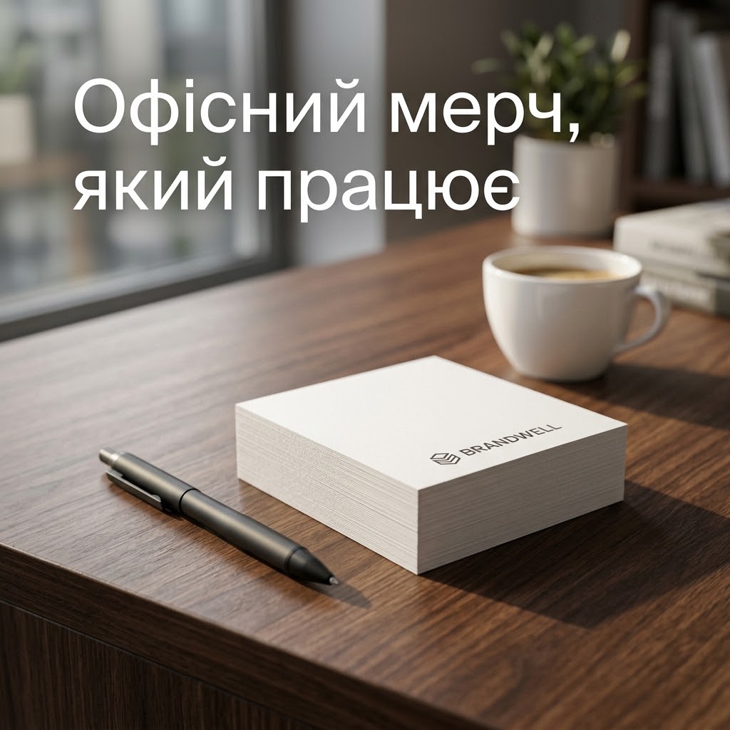 Брендований паперовий кубарик з логотипом на стильному робочому столі в офісі