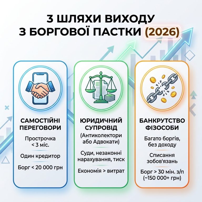 Сучасна інфографіка в українському стилі про три шляхи виходу з боргової кризи у 2026 році. Три колонки з іконками: самостійні переговори (на початку прострочки), юридичний супровід (суди, оскарження), банкрутство фізичної особи (списання великих боргів). Текст у колонках українською: умови, приклади та витрати для кожного варіанту. Без людей. Розмір 1:1.