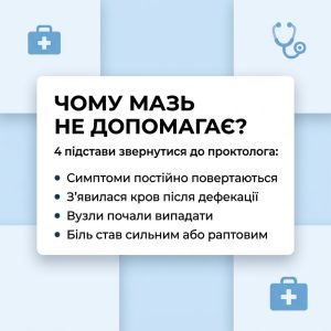 Інфографіка про причини звернутися до проктолога, якщо мазі від геморою не допомагають.