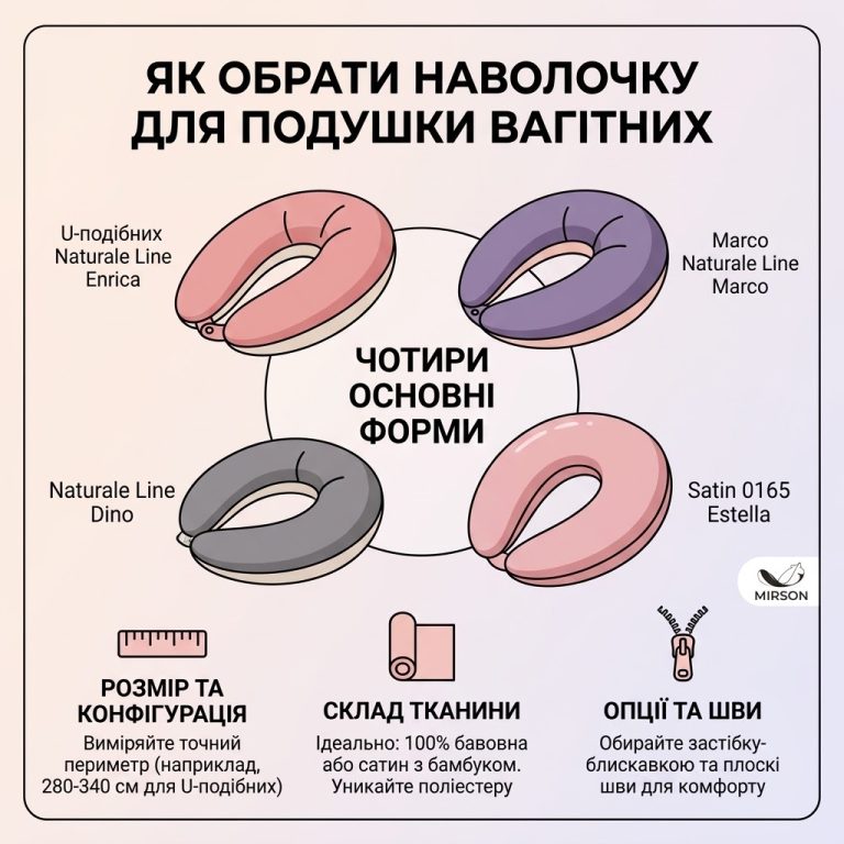 Квадратна інфографіка українською мовою, що детально описує, як вибрати наволочку для подушки для вагітних. Зображено чотири різні форми подушок (U, C та O форми) від Mirson та три інформаційні блоки: розмір і конфігурація (із зазначенням периметра), склад тканини (100% бавовна, сатин, уникнення поліестеру) та опції швів (застібка-блискавка, плоскі шви). У кутку логотип Mirson.