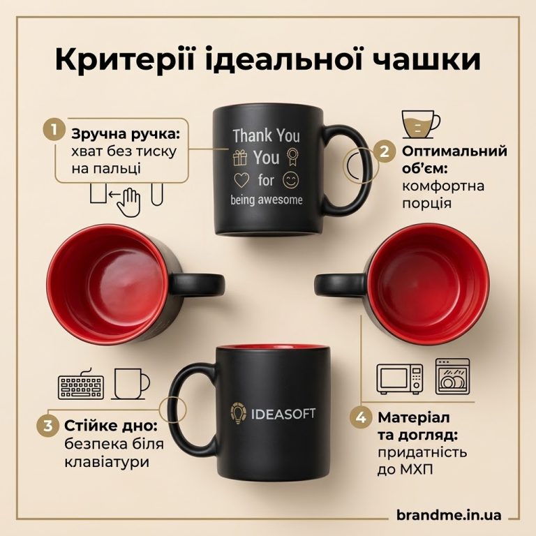 Чеклист критеріїв вибору зручної корпоративної чашки: ручка, об'єм, матеріал та стійкість.